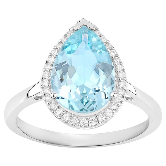 Aquamarine Cocktail Ring Diamond Halo 2.2 Carats Total 10K Gold