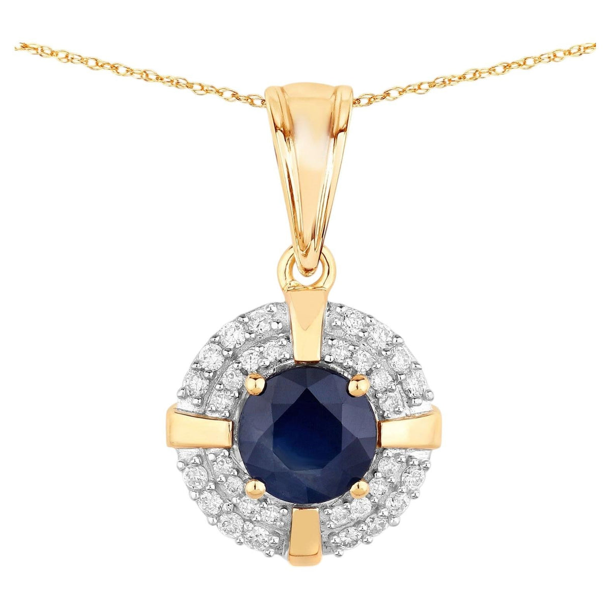 Blue Sapphire Pendant With Diamonds 1.66 Carats 10K Yellow Gold