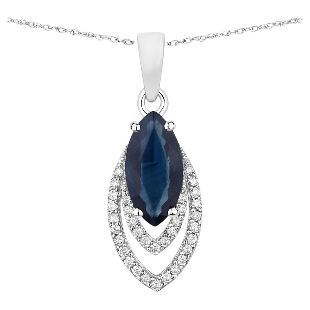 Blue Sapphire Pendant With Diamonds 1.38 Carats 14K White Gold