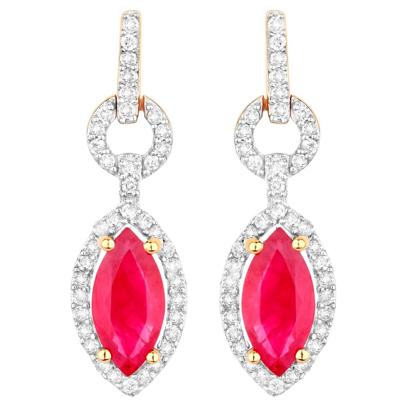 Ruby Earrings Diamonds 1.2 Carats 14K Yellow Gold