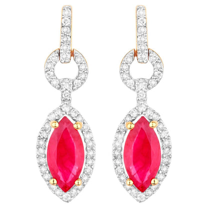 Ruby Earrings Diamonds 1.2 Carats 14K Yellow Gold