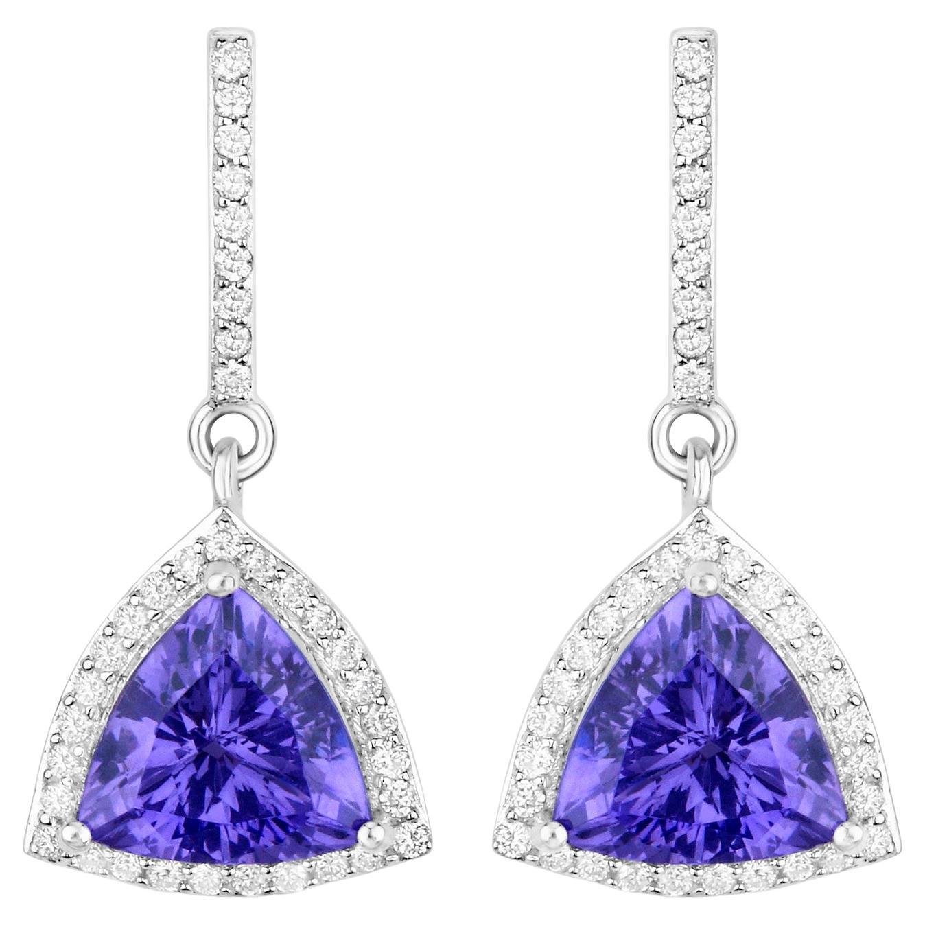 Tanzanite Dangle Earrings With Diamonds 3.86 Carats 14K White Gold