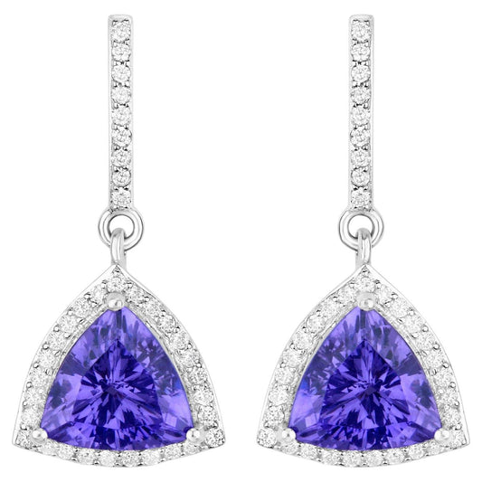 Tanzanite Dangle Earrings With Diamonds 3.86 Carats 14K White Gold