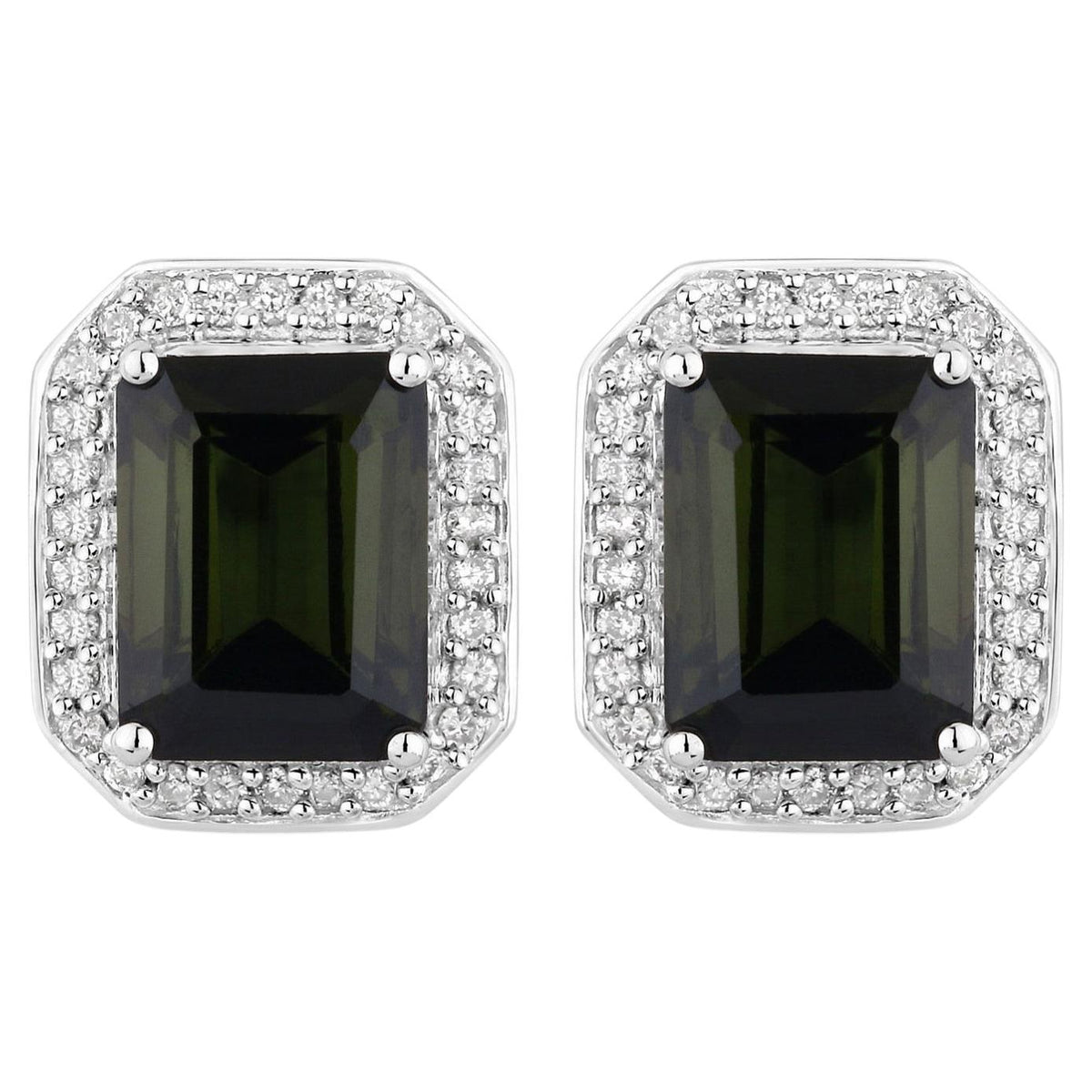 Green Tourmaline Stud Earrings With Diamonds 3.54 Carats 14K White Gold