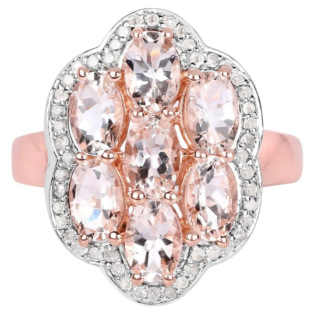 Morganite Flower Ring With Diamonds 3.02 Carats Gold Plated Silver