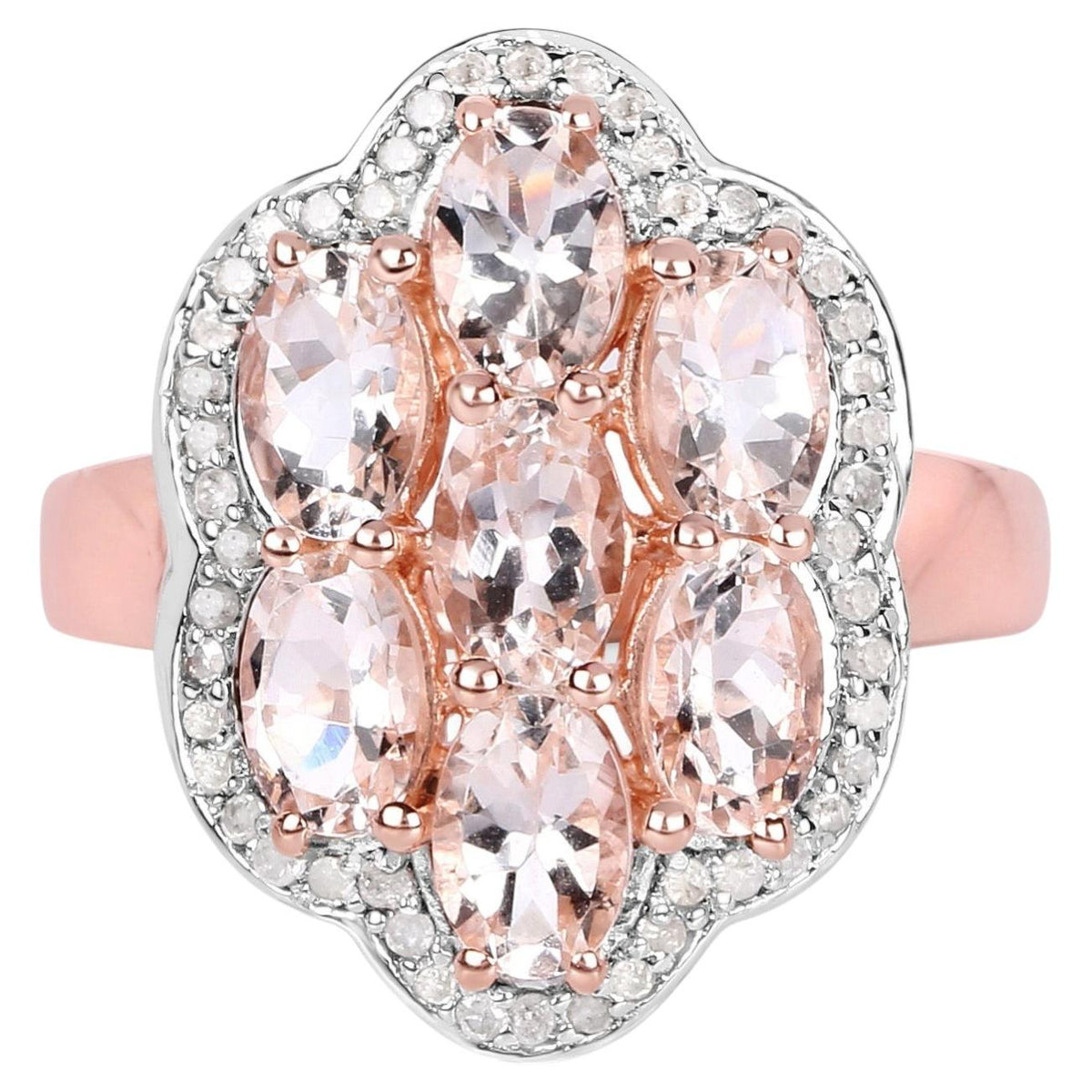 Morganite Flower Ring With Diamonds 3.02 Carats Gold Plated Silver
