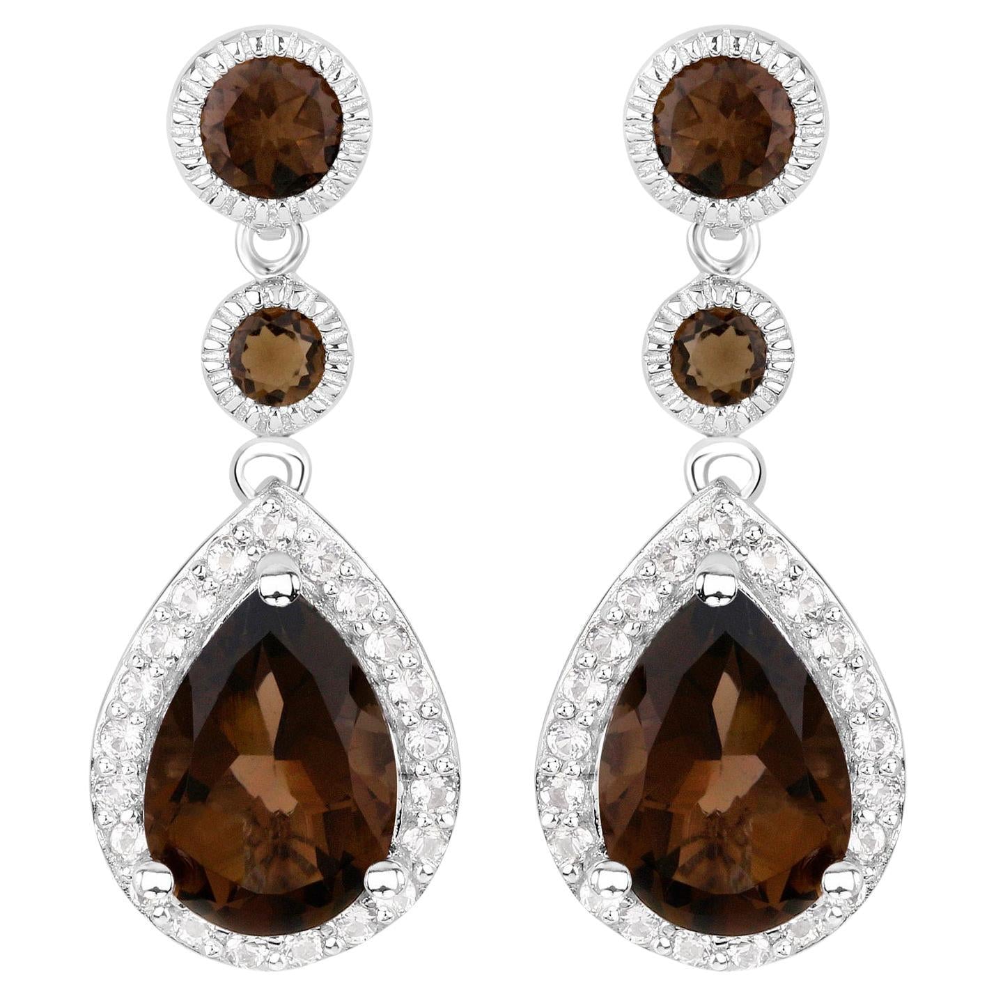 Smoky Quartz Earrings With White Topaz 7.26 Carats Sterling Silver