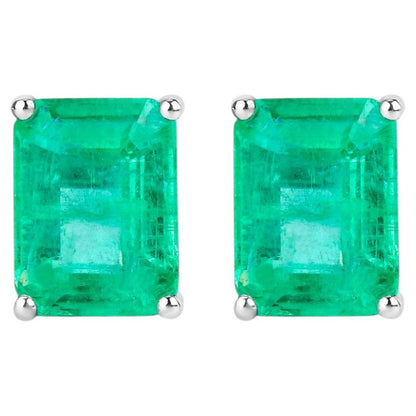 Natural Emerald Stud Earrings 2.74 Carats 14K White Gold