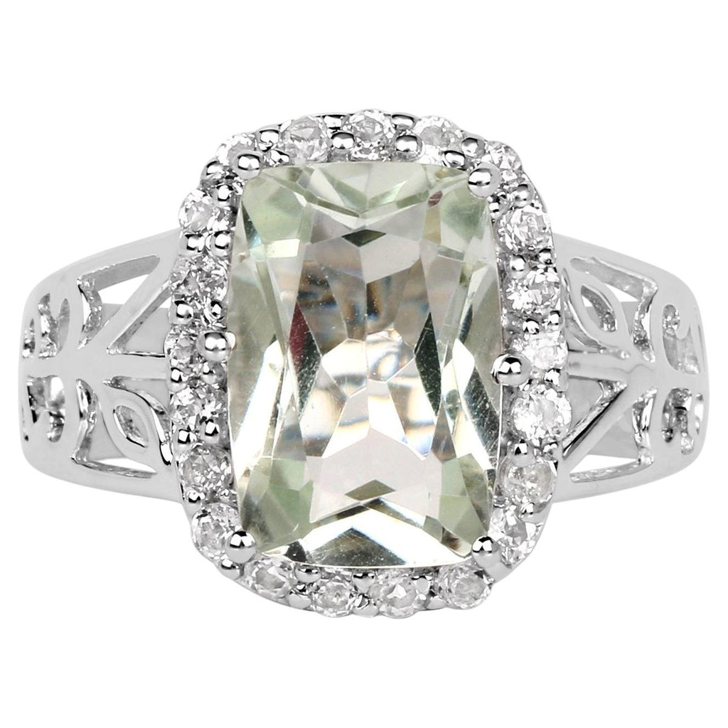 Green Amethyst Ring With White Topaz 3.9 Carats Sterling Silver