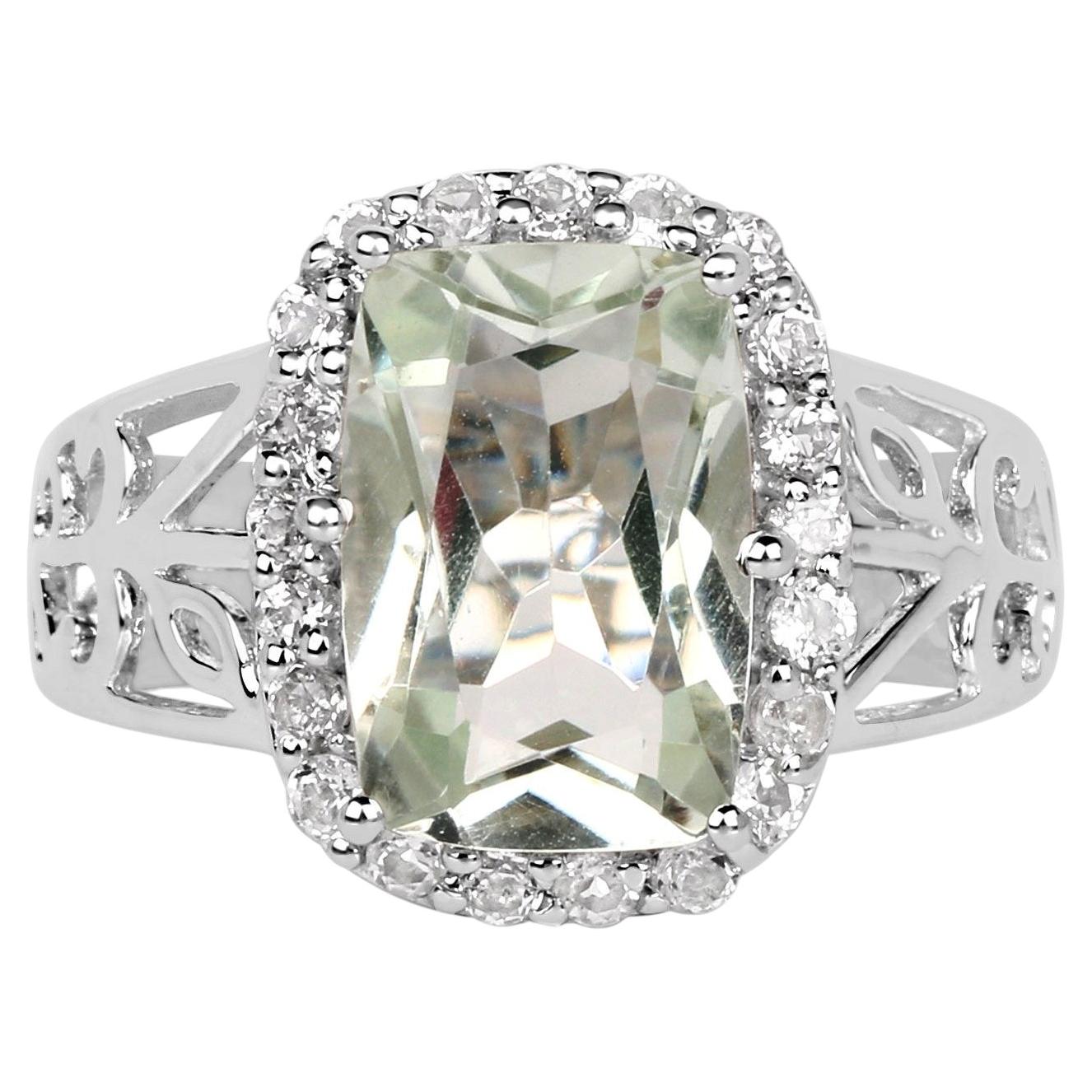 Green Amethyst Ring With White Topaz 3.9 Carats Sterling Silver