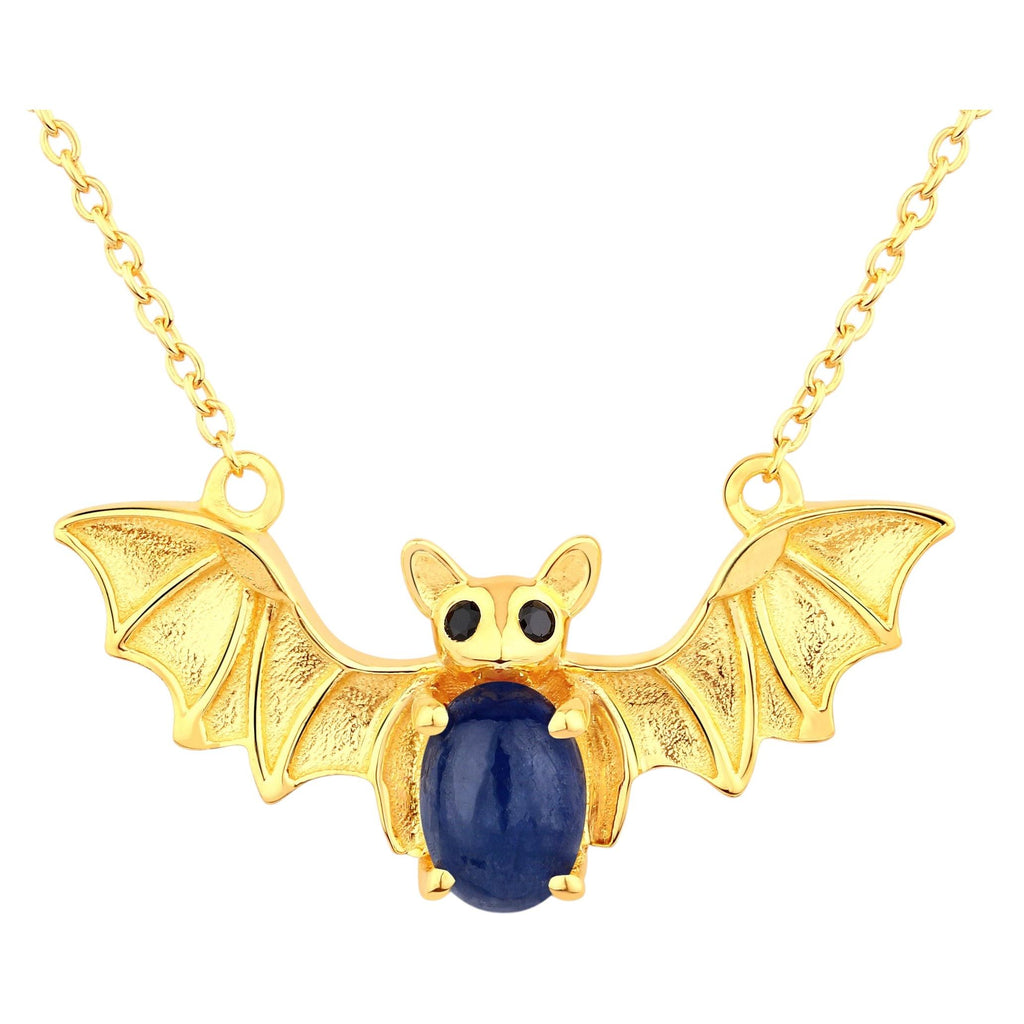 Blue Sapphire Bat Necklace With Black Spinel 1.16 Carats Gold Plated Silver