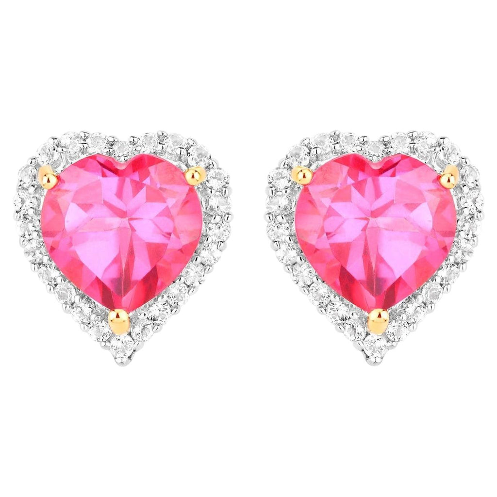 Pink Topaz Heart Earrings White Topaz 5.02 Carats 18K Yellow Gold Plated Silver