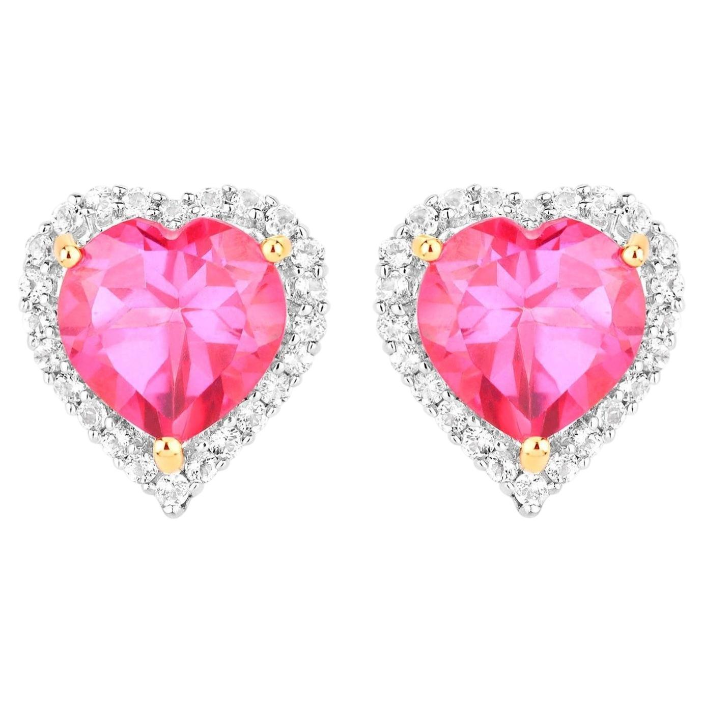 Pink Topaz Heart Earrings White Topaz 5.02 Carats 18K Yellow Gold Plated Silver