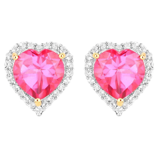 Pink Topaz Heart Earrings White Topaz 5.02 Carats 18K Yellow Gold Plated Silver