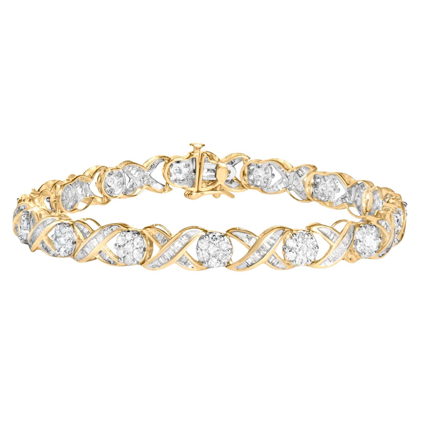 XOXO Diamond Link Bracelet Round and Baguette Cut 3 Carats 10K Yellow Gold