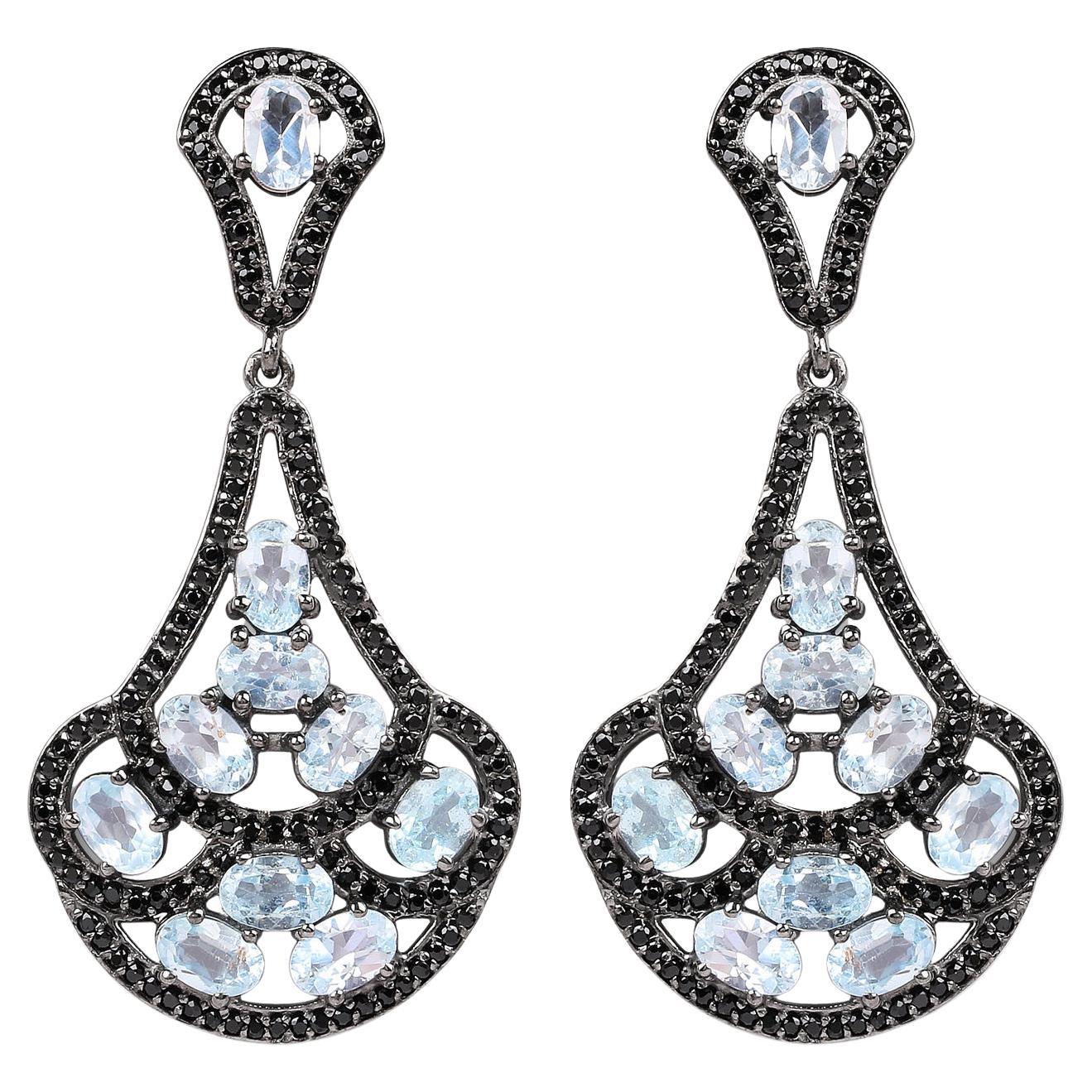 Blue Topaz Dangle Earrings Black Spinel 12.1 Carats Sterling Silver