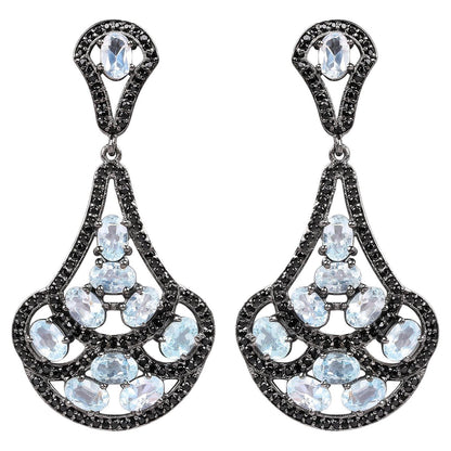 Blue Topaz Dangle Earrings Black Spinel 12.1 Carats Sterling Silver