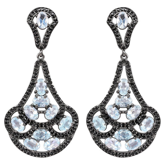 Blue Topaz Dangle Earrings Black Spinel 12.1 Carats Sterling Silver