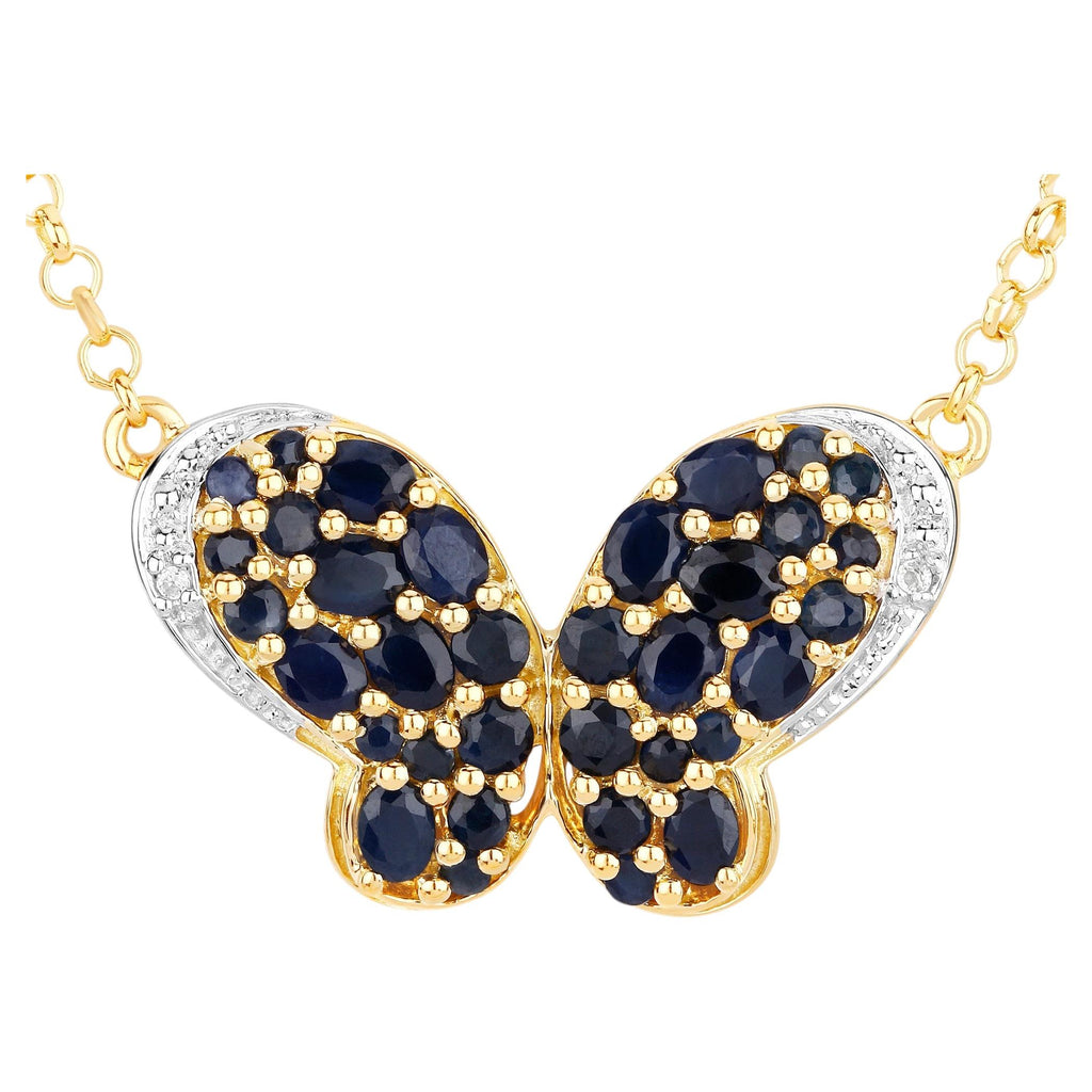 Blue Sapphire Butterfly Pendant White Zircon 3.76 Carats Gold Plated Silver