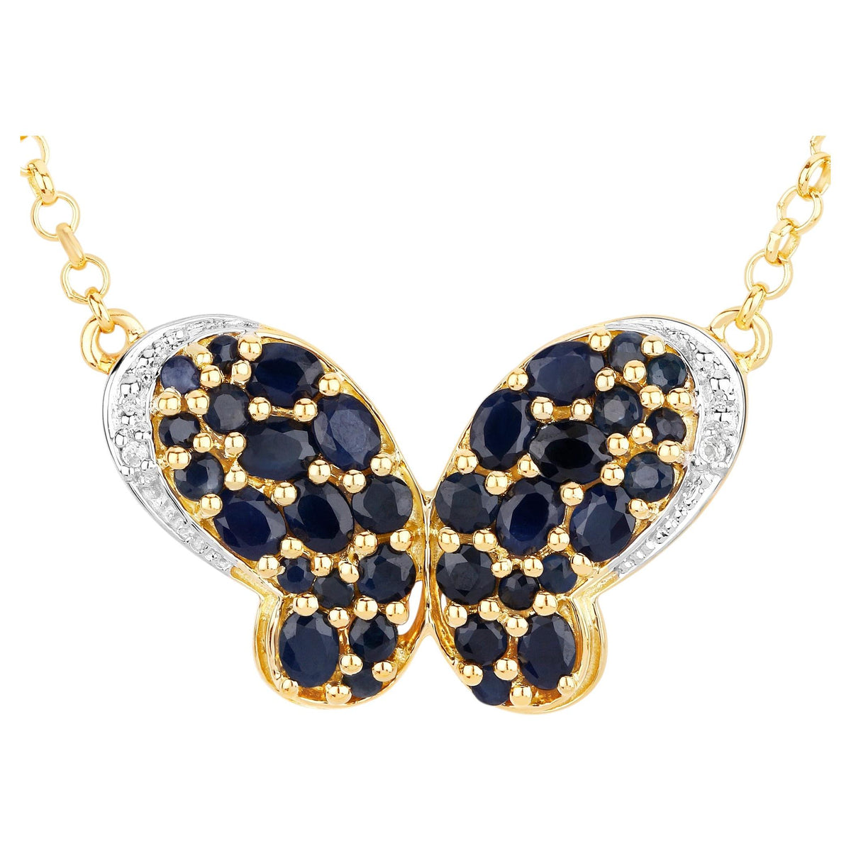 Blue Sapphire Butterfly Pendant White Zircon 3.76 Carats Gold Plated Silver