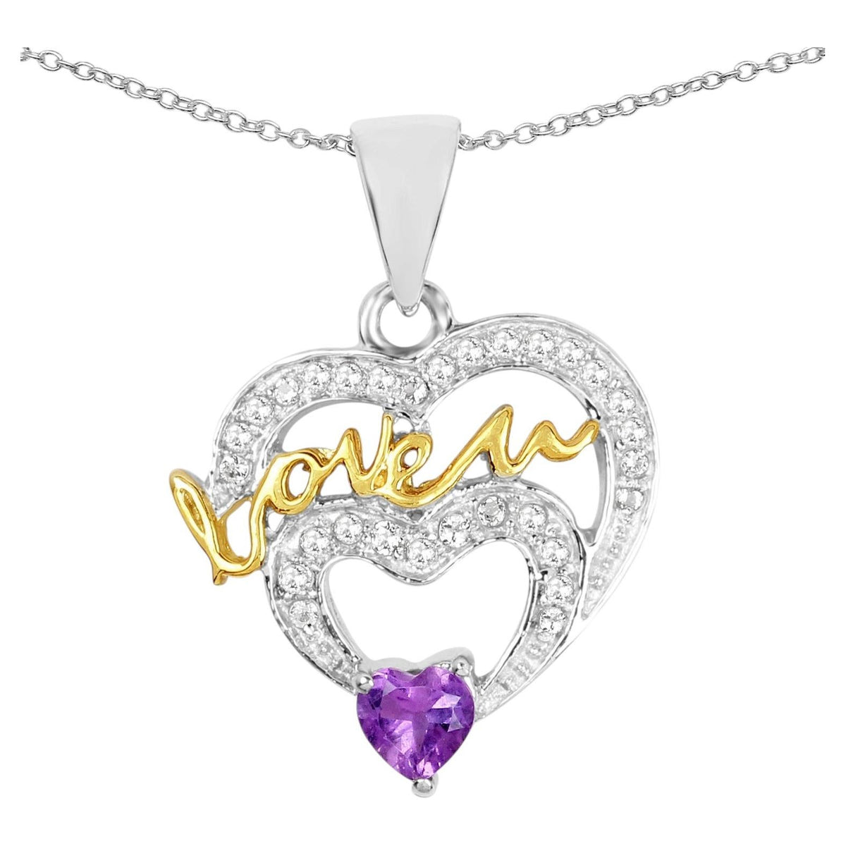Amethyst Heart Pendant With White Topaz 0.41 Carats Gold Plated Silver