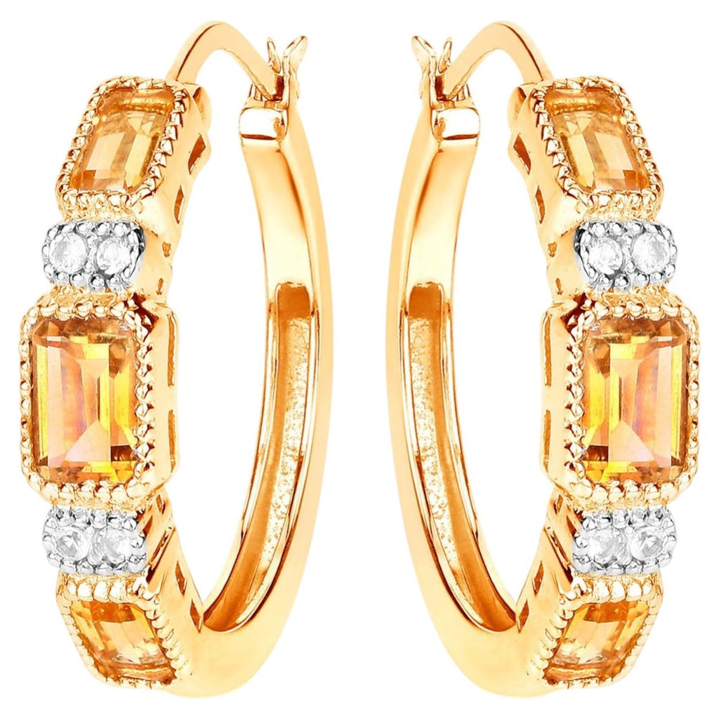 Citrine Hoop Earrings With White Topaz 2.84 Carats Gold Plated Silver