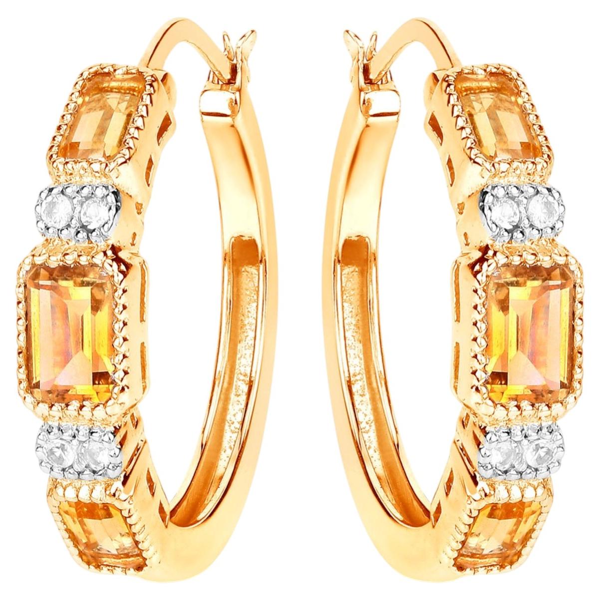 Citrine Hoop Earrings With White Topaz 2.84 Carats Gold Plated Silver