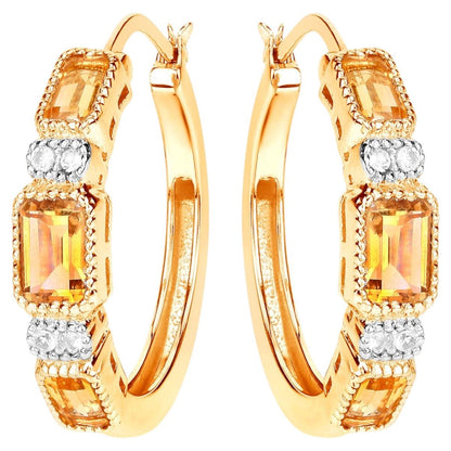 Citrine Hoop Earrings With White Topaz 2.84 Carats Gold Plated Silver