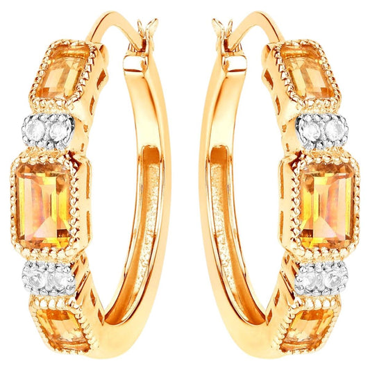 Citrine Hoop Earrings With White Topaz 2.84 Carats Gold Plated Silver