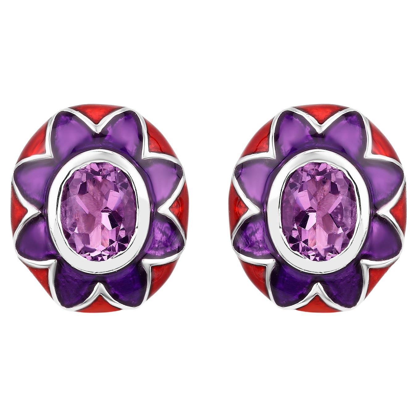 Natural Amethyst Floral Enamel Earrings 2.3 Carats