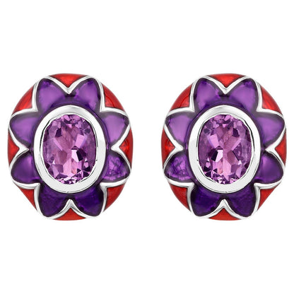 Natural Amethyst Floral Enamel Earrings 2.3 Carats