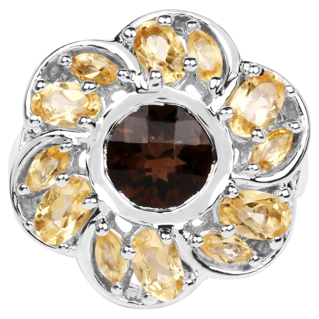 Smoky Quartz Flower Ring With Citrine 3.4 Carats Sterling Silver