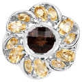 Smoky Quartz Flower Ring With Citrine 3.4 Carats Sterling Silver