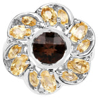 Smoky Quartz Flower Ring With Citrine 3.4 Carats Sterling Silver
