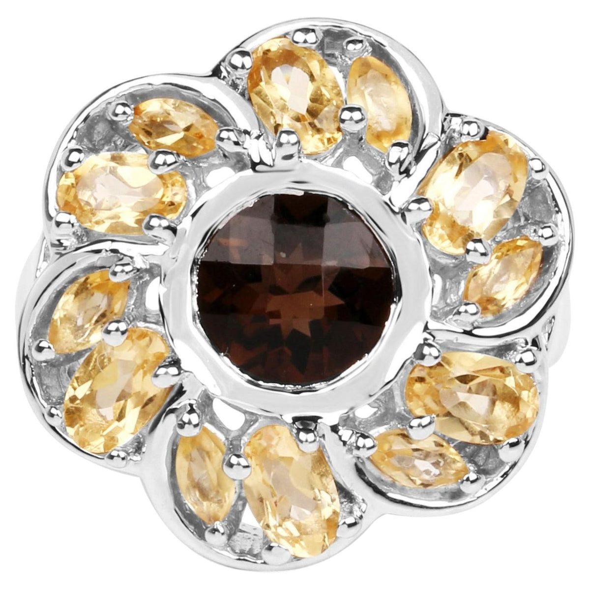 Smoky Quartz Flower Ring With Citrine 3.4 Carats Sterling Silver