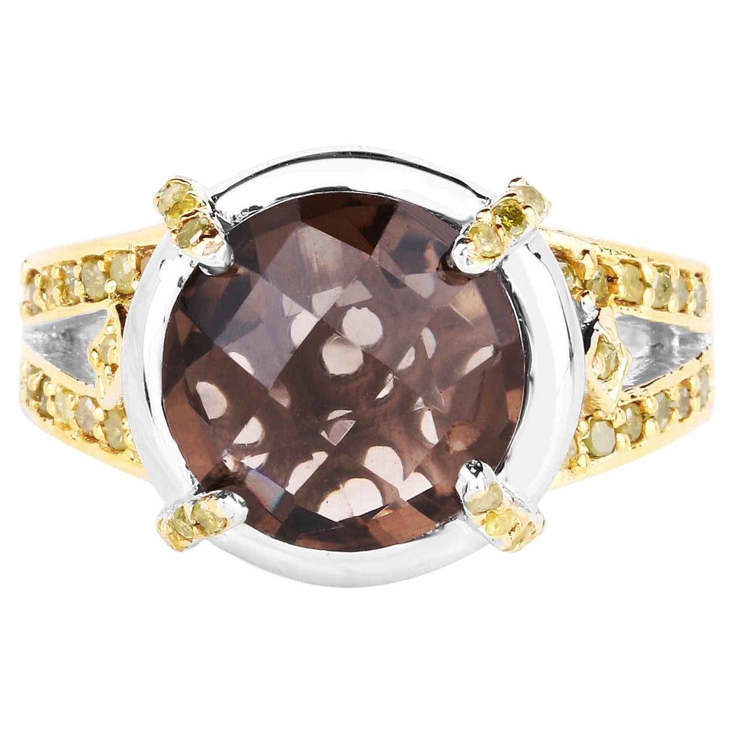 Smoky Quartz Ring With Yellow Diamond 3.26 Carats Sterling Silver