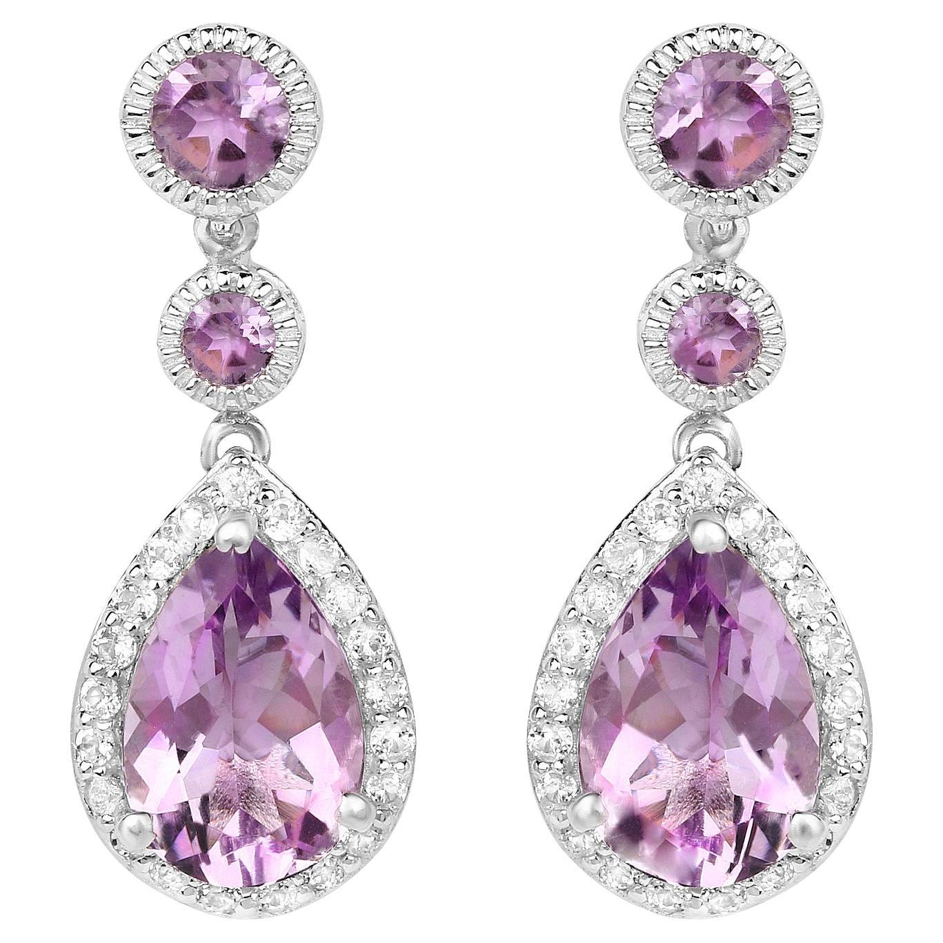 Pink Amethyst Earrings White Topaz Setting 7.14 Carats Total