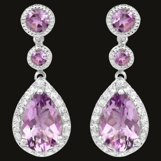Pink Amethyst Earrings White Topaz Setting 7.14 Carats Total