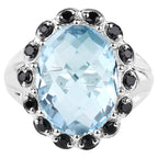 Blue Topaz Ring Black Spinel 12.4 Carats Sterling Silver