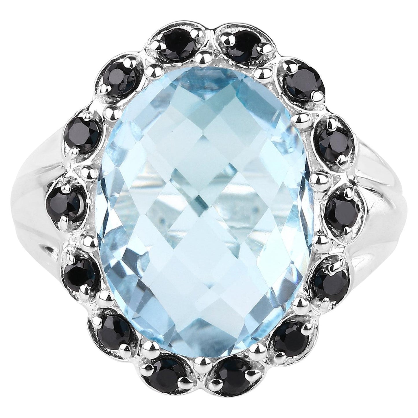 Blue Topaz Ring Black Spinel 12.4 Carats Sterling Silver