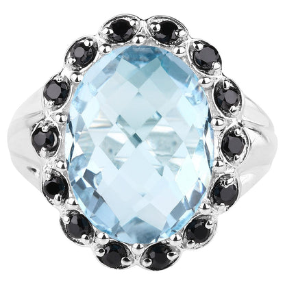 Blue Topaz Ring Black Spinel 12.4 Carats Sterling Silver