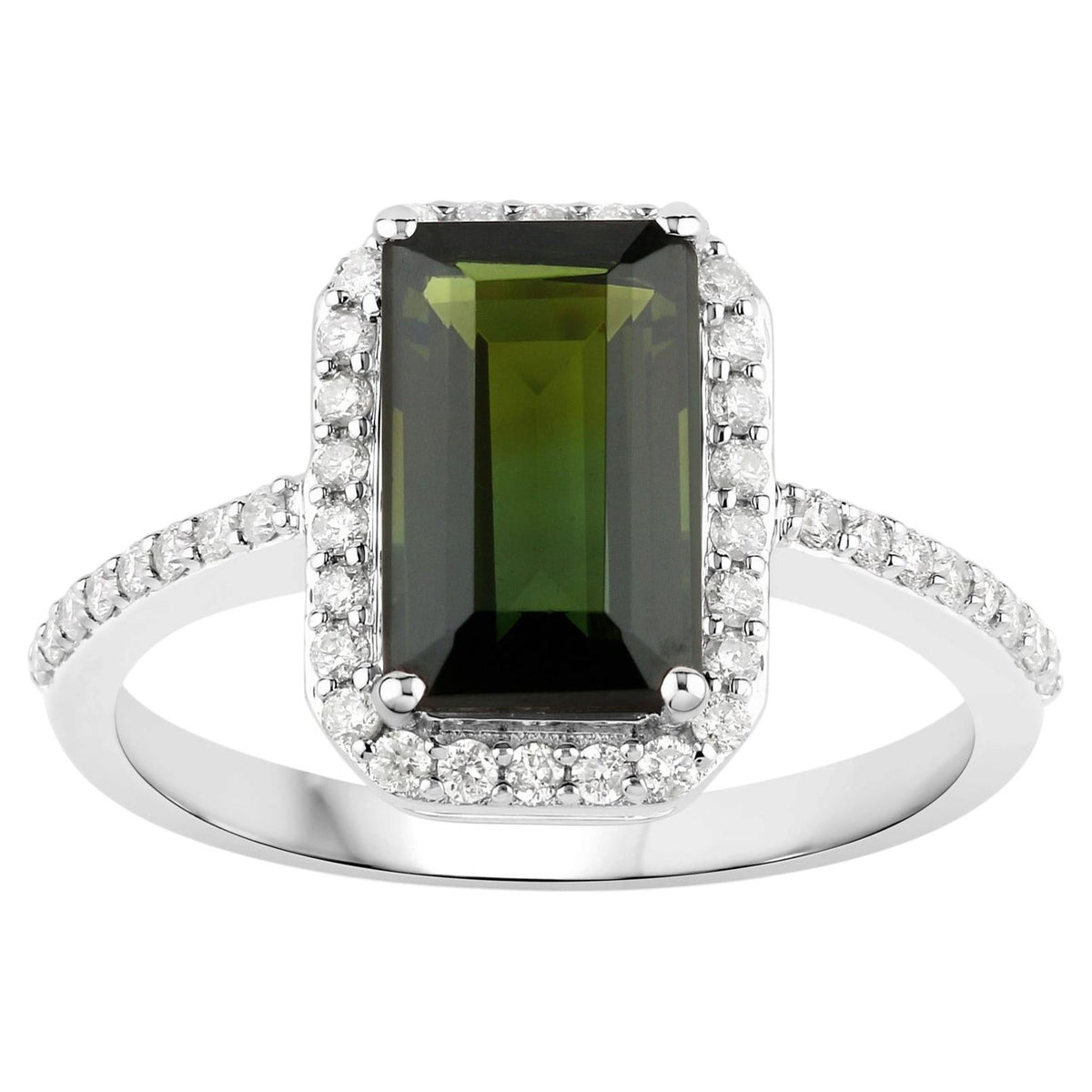 Green Tourmaline Ring With Diamonds 2.3 Carats 14K White Gold