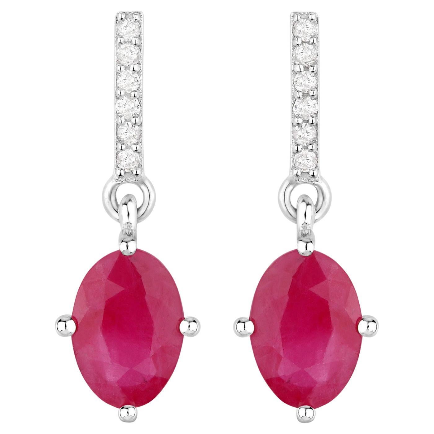 Ruby Dangle Earrings Diamonds 1.74 Carats 10K White Gold