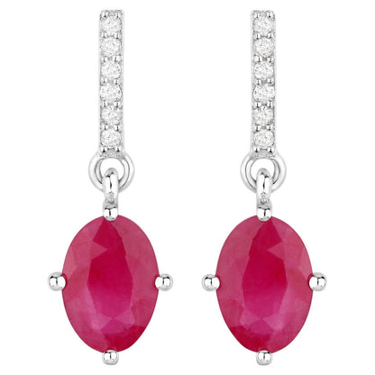 Ruby Dangle Earrings Diamonds 1.74 Carats 10K White Gold