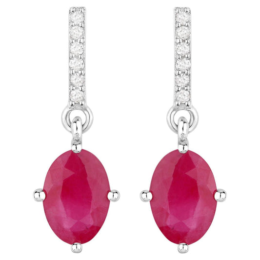 Ruby Dangle Earrings Diamonds 1.74 Carats 10K White Gold