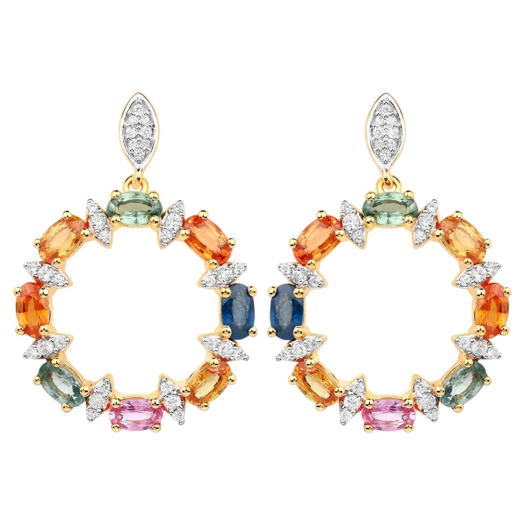 Natural Multicolor Sapphire Earrings White Zircon 4.1 Carats Gold Plated Silver