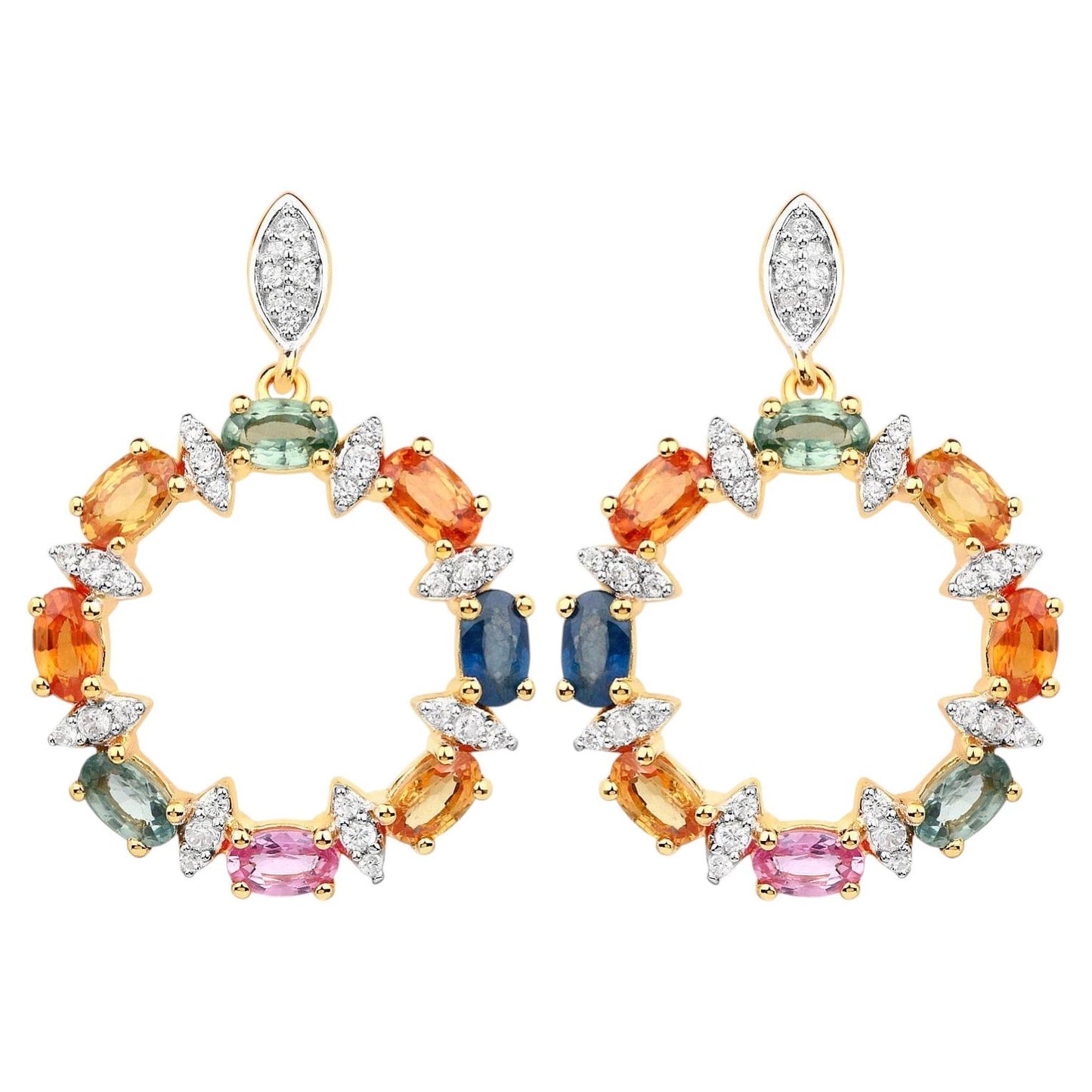 Natural Multicolor Sapphire Earrings White Zircon 4.1 Carats Gold Plated Silver
