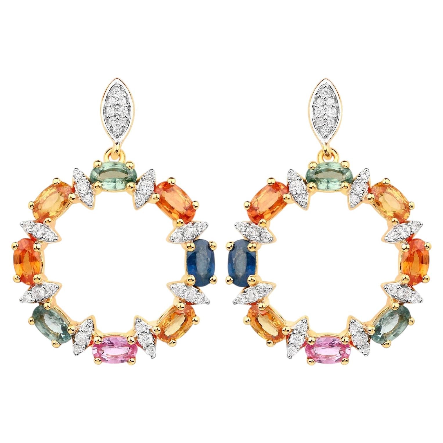Natural Multicolor Sapphire Earrings White Zircon 4.1 Carats Gold Plated Silver