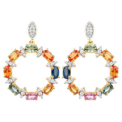 Natural Multicolor Sapphire Earrings White Zircon 4.1 Carats Gold Plated Silver
