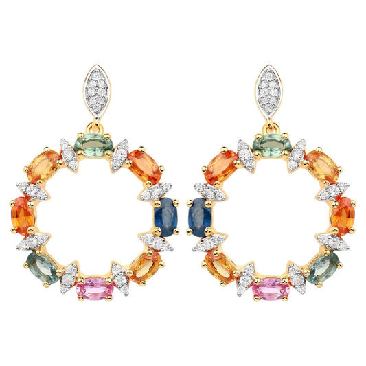 Natural Multicolor Sapphire Earrings White Zircon 4.1 Carats Gold Plated Silver